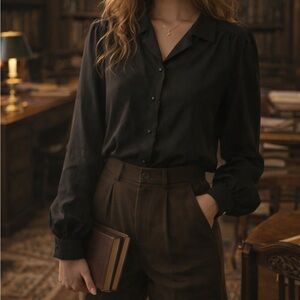 Vintage 80s Rhapsody Black Button Blouse Dark Academia Librarian Goth